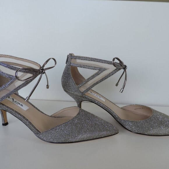 Nina for J. Crew Silver Glitter D’Orsay Bow 2.5’ Kitten Cocktail Hill Size 8.5 - Picture 4 of 6